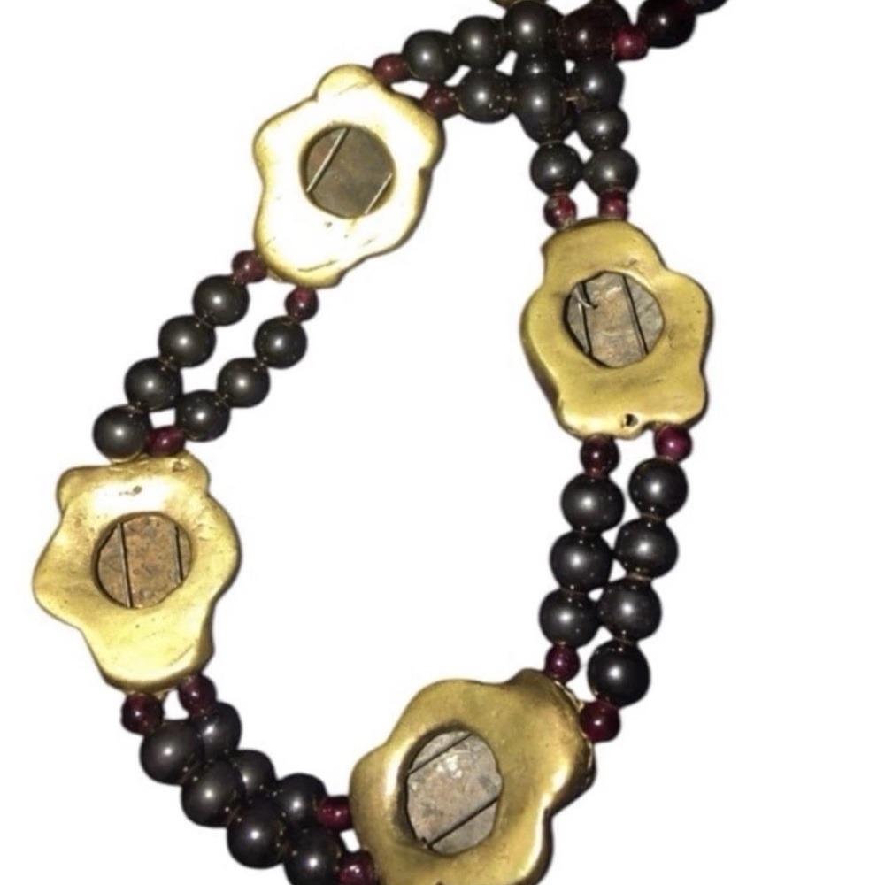 Vintage Pre Colombian Frog Gold Tone Onyx Garnet Beaded Necklace - Picture 10 of 16